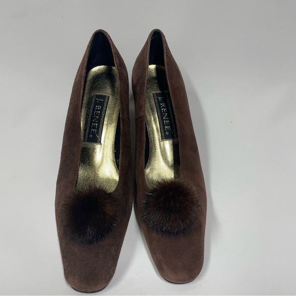 J Renee Shoes - J. RENEE Brown Suede Leather Heel Pumps with Mink Fur Puff Ball Sz. 8 M